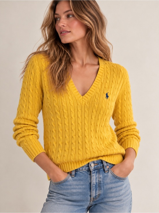 Ralph Lauren Sweaters - Ralph Lauren Goldenrod Yellow Cable-Knit V-Neck Sweater Y2K Preppy M